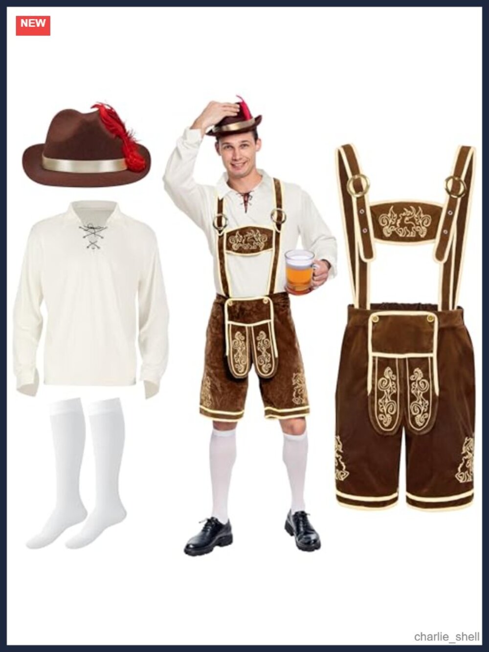 Lederhosen Men Oktoberfest Costume German Bavarian Outfit with Suspenders Hat